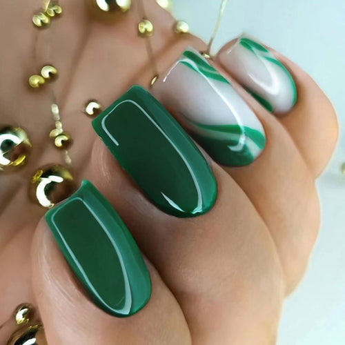 Glossy Green Press On Nails Tips Kit with Glue and gel stickers