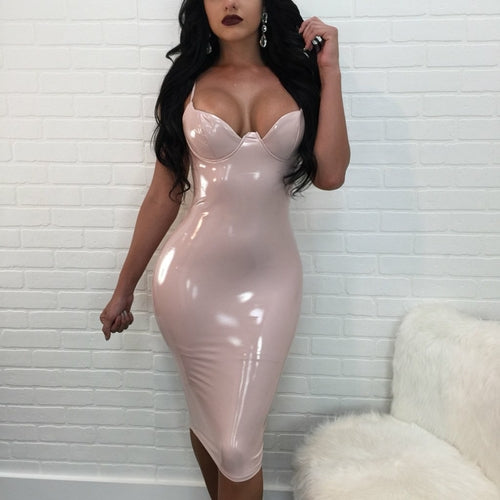 Luxe PU Leather Bodycon Midi Dress — Sleeveless Spaghetti Strap